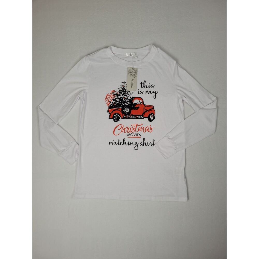 Miselon Merry Christmas Red Truck T Shirt Christmas Tree Long Sleeve Top Small